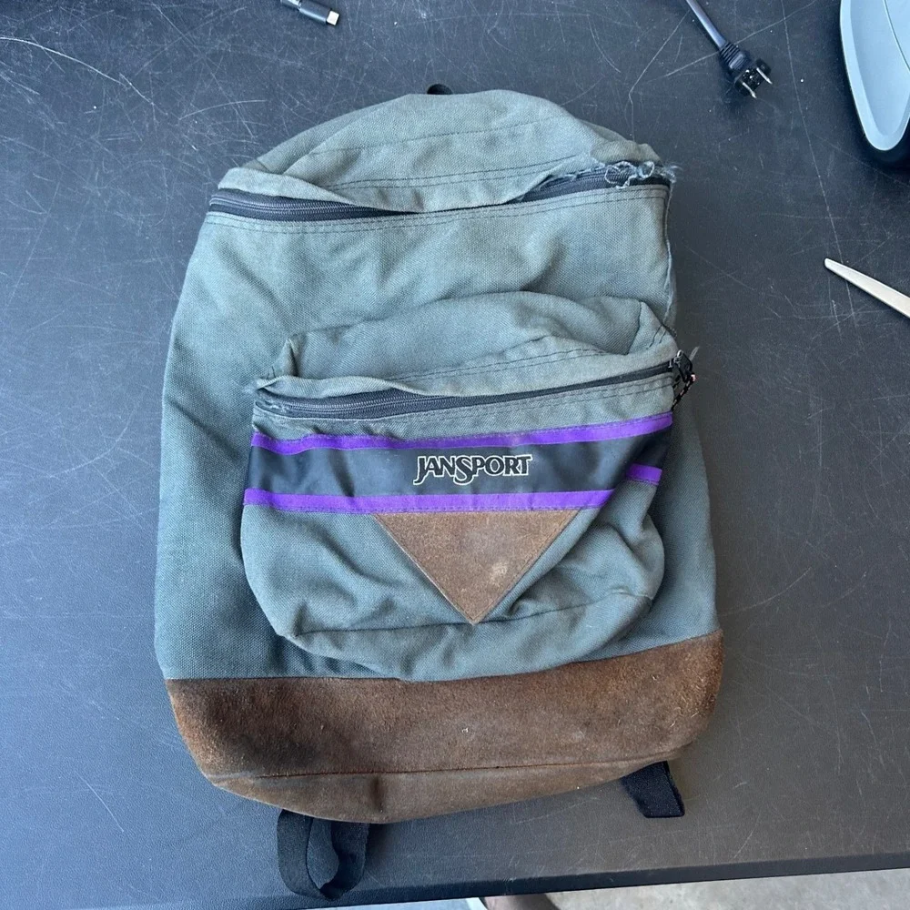 Vintage JanSport Backpack Green Suede Bottom Leather Trim 90s Made in USA Style
